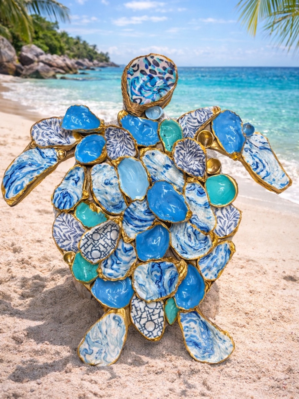 Blue and Gold Decorative Oyster Shell Sea Turtle